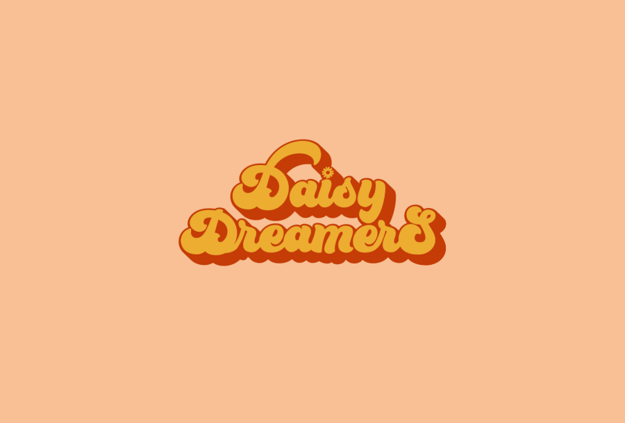 Light peach background with the words "Daisy Dreamers" in the centre, in a lovely deep yellow with a rust colour outline