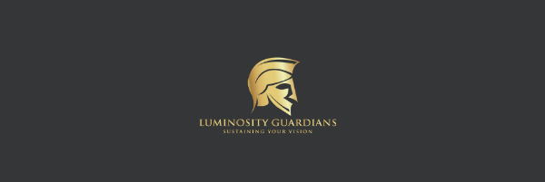 Black background with a gold outline of a sharp mask wearing a gold helmet, very striking pose with the words "luminosity guardians - sustaining your vision" underneath