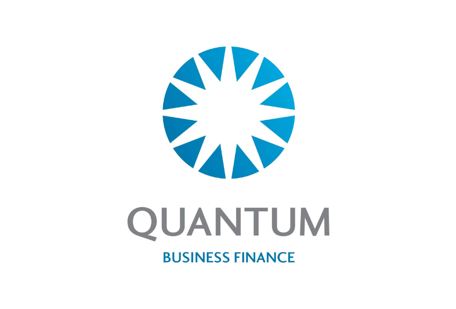 White background with a blue coloured circle the shape of triangles facing inwards with the words "QUANTUM Business Finance" underneath