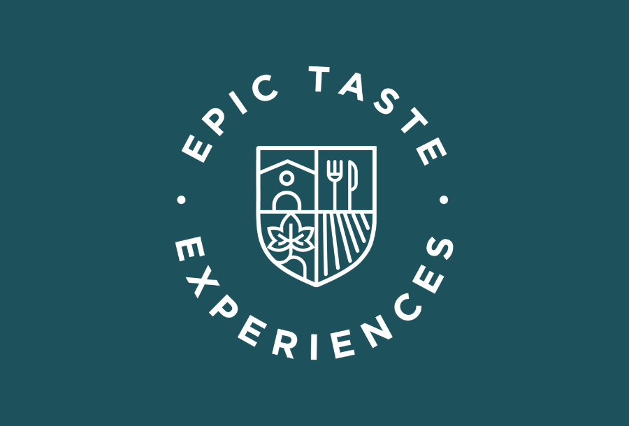 Epic Taste Experience logo placed on a dark olive green coloured background, white text with the business name in the shape of a circle, inside a crest shape with four sections highlighting the experiences