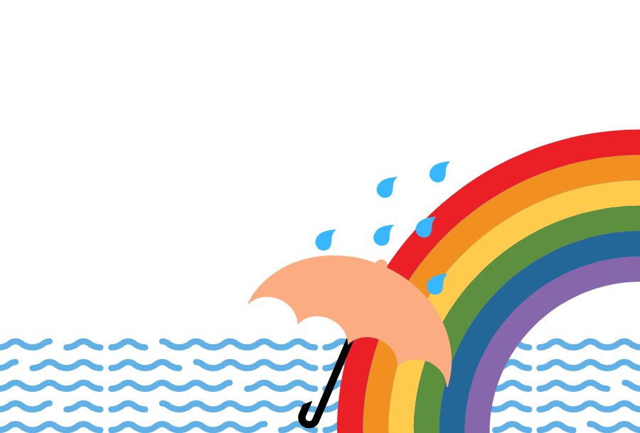 Banner with hand drawn blue water type waves an umbrella and a rainbow