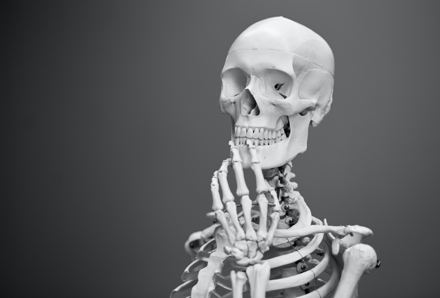 Pictured, a white skeleton against a dark grey wall holding his hand up to his chin in a pondering position