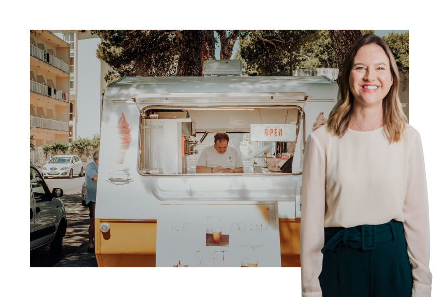 Pictured, Principal Lawyer Gabrielle Andersen standing in front of a stock picture of a man in an ice cream truck, with a customer waiting in line.