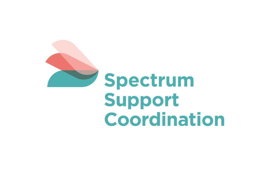 Spectrum Support Coordination Logo, calm colours of green and their logo of three wing shapes of light pink to darker pink then matching green to their logo name.