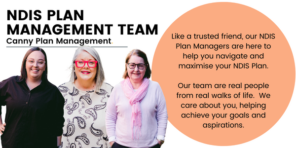 Pictured, Mekayla Lambert, Anthea Taylor and Christine Friel standing next to an orange circle that gives an insight into Canny Plan Management's NDIS Services.