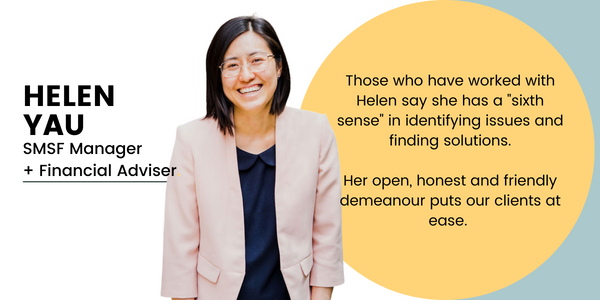 Helen Yau wears a light pink coloured blazer over the top of a black dress. With the words "Helen Yau and her title on the left hand side of her picture. On the right, there is a yellow circle with a little bit of information about Helen.
