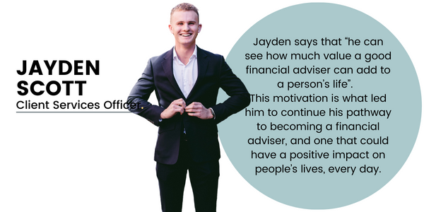 Pictured Jayden Scott, with the words "Jayden Scott, Client Services Officer" standing against a teal coloured circle with a little insight into Jayden.