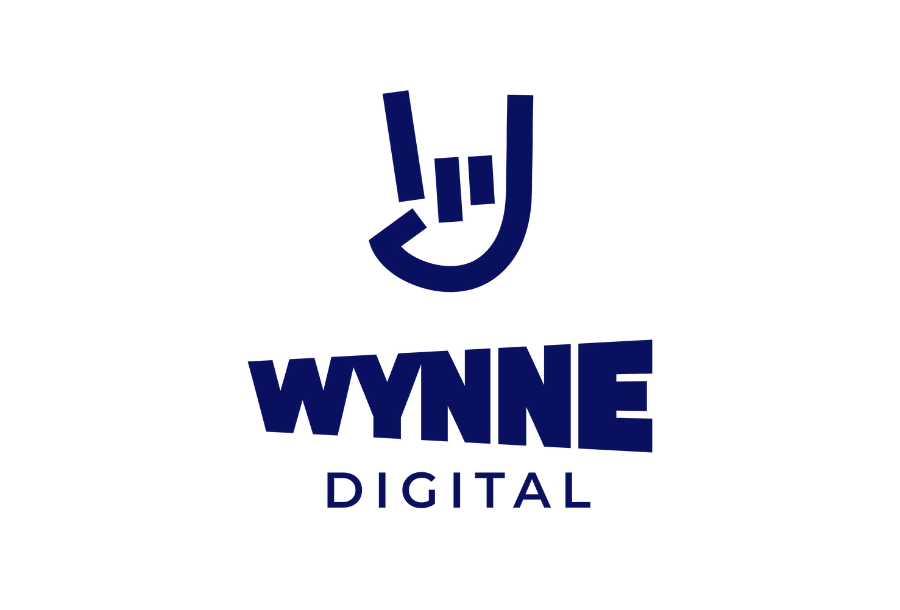 White tile with Wynne Digitals logo of a dark blue animated rock and roll hand sign with the words "WYNNE DIGITAL" underneath.