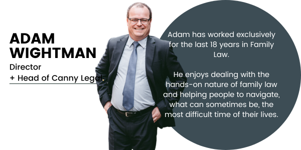 Pictured, Adam Wightman standing with his hands in his pockets and a big smile on his face. Adam's position in our team "Director + Head of Canny Legal" as well, a dark blue circle with a little bit of information about ADam.