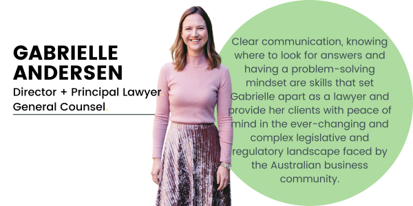 Pictured, Gabrielle Andersen wearing a long sleeve creme coloured top and dark green velvet looking coloured pants. With her name and working title on the left hand side, there is a dark blue circle that represents Canny Legal's branding colour and a little bit of information about Gaby.