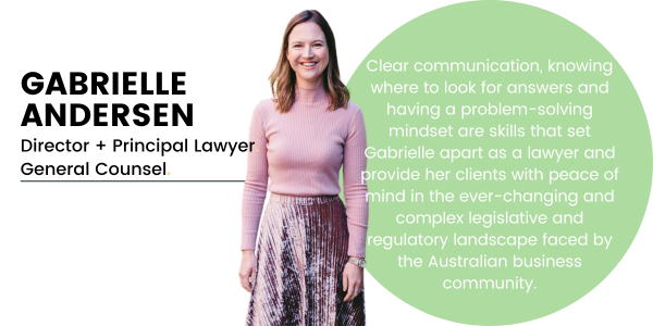 Pictured, Gabrielle Andersen wearing a long sleeve creme coloured top and dark green velvet looking coloured pants. With her name and working title on the left hand side, there is a dark blue circle that represents Canny Legal's branding colour and a little bit of information about Gaby.