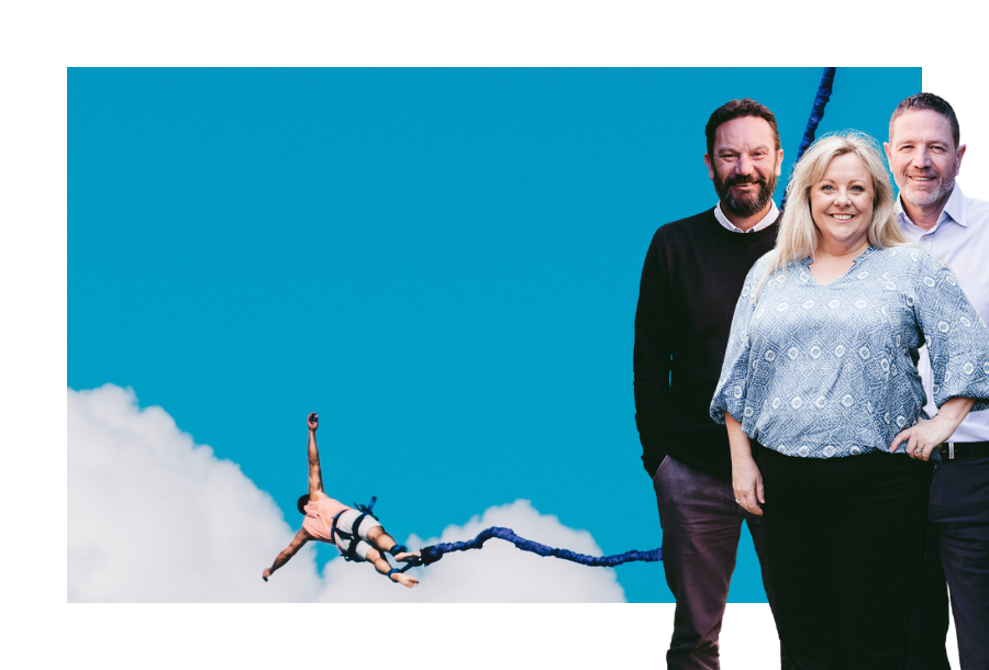 Pictured: Canny Accounting Managers, Danny, Michelle and Adam standing smiling in front of a picture of the sky and a person bungee jumping!