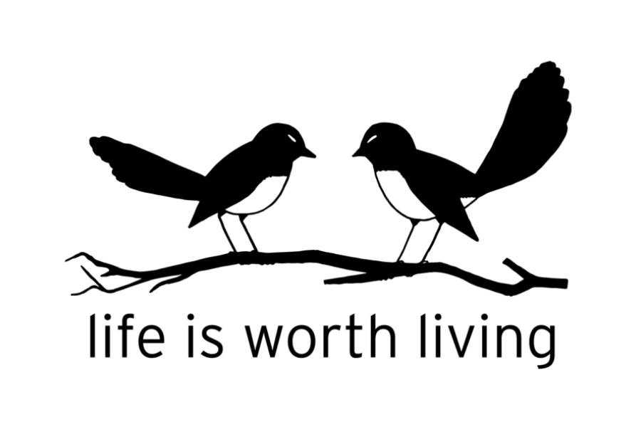 Pictured, Life Is Worth Living Logo that is a white background and two small black birds that are hand drawn. Perched on a stick, they are facing inwards towards each other, looking peaceful and happy to be there.
