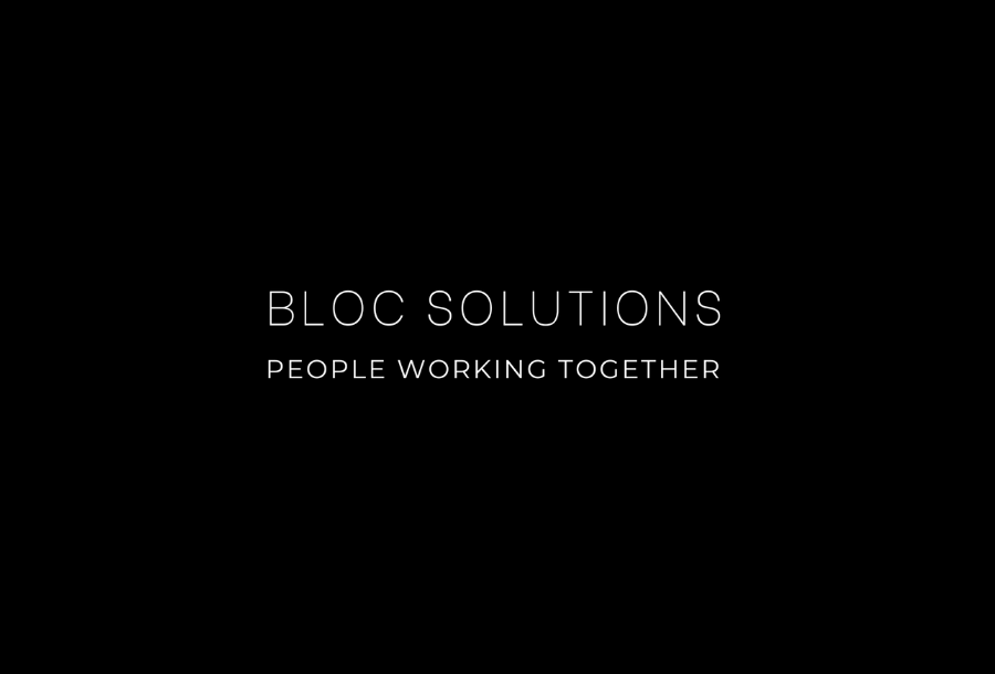 Bloc Solutions logo, black background with white text "BLOC SOLUTIONS - people working together"