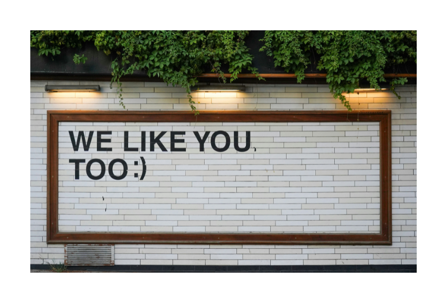 Pictured, a sidewalk with white bricks and a brown wooden frame around the words printed in black paint "WE LIKE YOU TOO :)" you can see some greenery at the top of the white wall and three lights lighting up the sign.