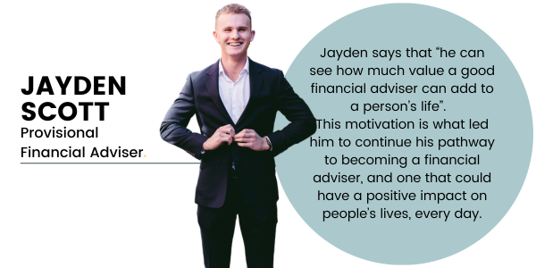 Pictured Jayden Scott, with the words "Jayden Scott, Client Services Officer" standing against a teal coloured circle with a little insight into Jayden.