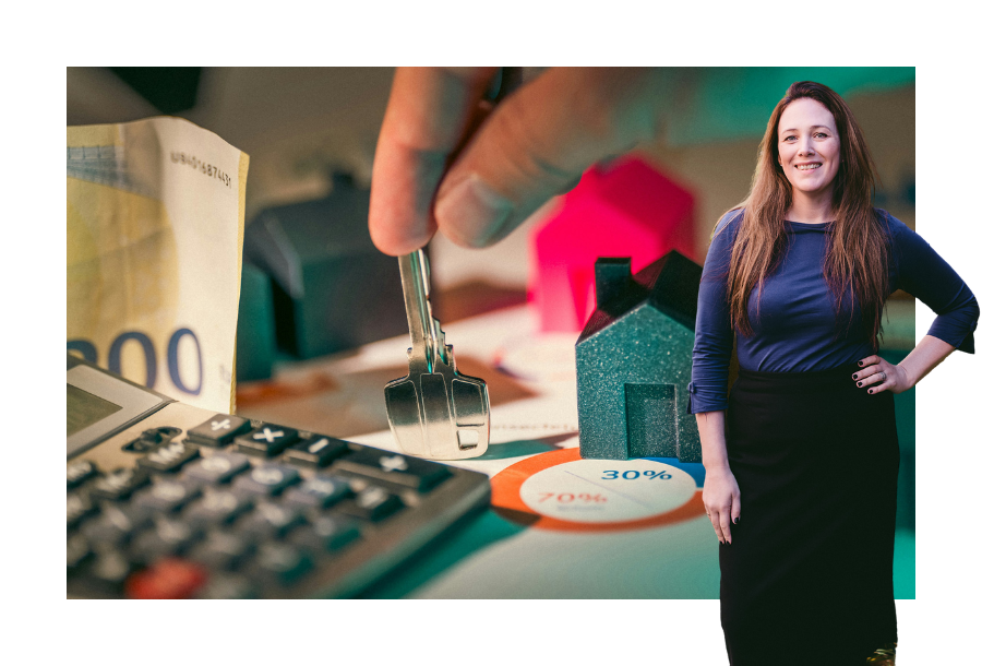 Pictured: Jamie Arrington standing smiling with her left hand on her hip in a long black skirt and blue long sleeve top. Behind her is an image of a hand holding a key against a table with a calculator, miniature house tokens and some money.