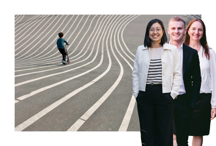 Pictured: Our Financial Advice team, Helen, Jayden and Sam standing smiling. Behind them is an image of a child on a scooter going down a concrete hill with white stripes painted on the ground.
