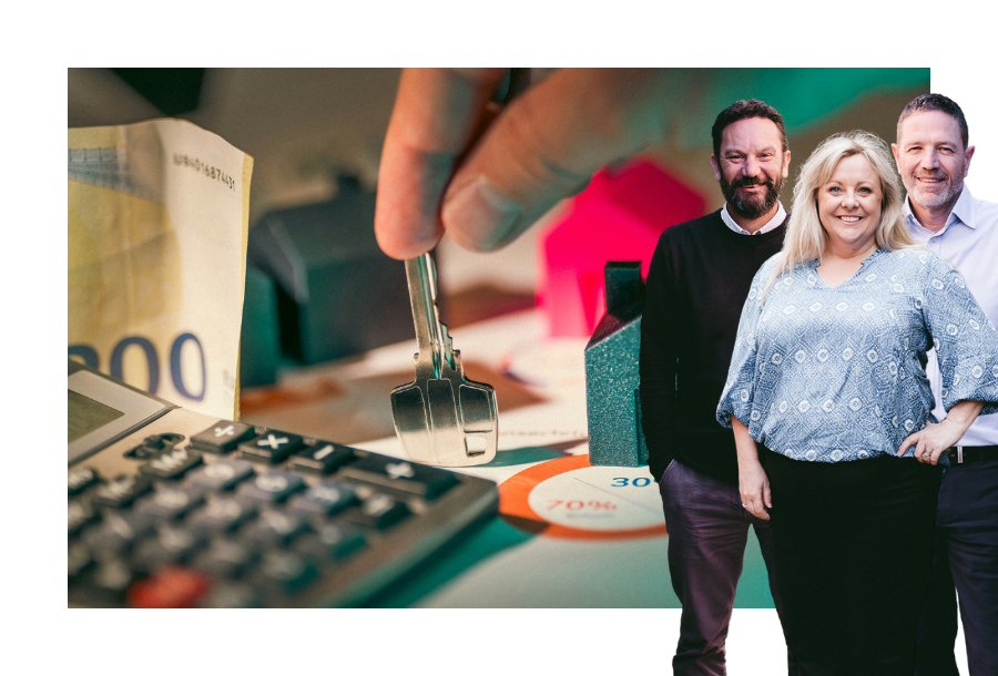 Pictured: Canny Accounting Managers, Danny, Michelle and Adam standing smiling. Behind them is an image of a hand holding a key against a table with a calculator, miniature house tokens and some money.