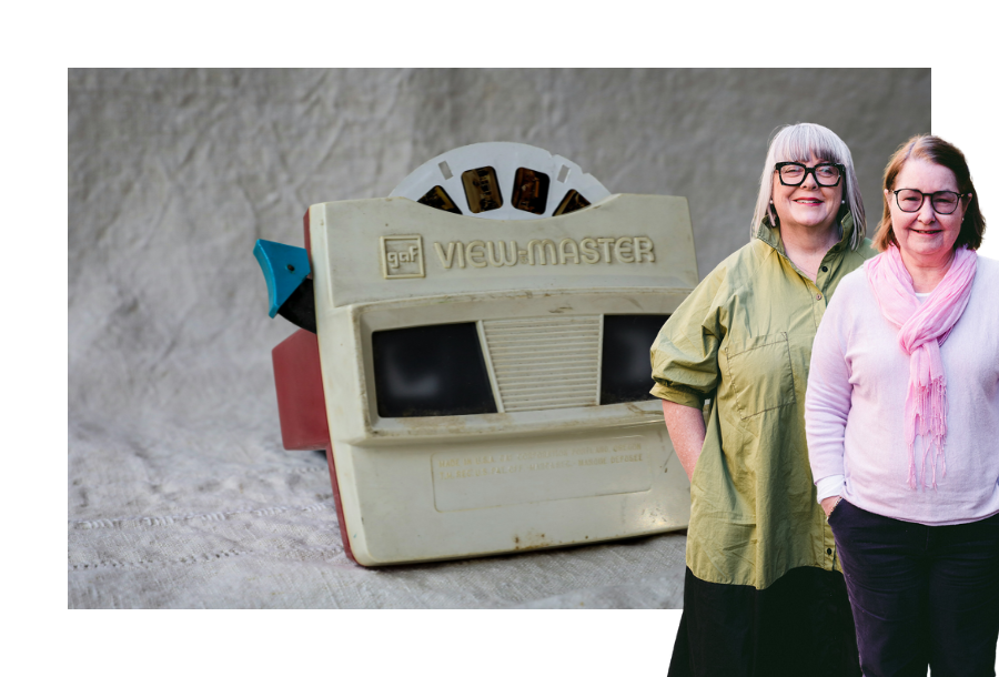 Pictured, Anthea Taylor and Christine Friel standing in front of a stock picture of an old-school picture film maker.