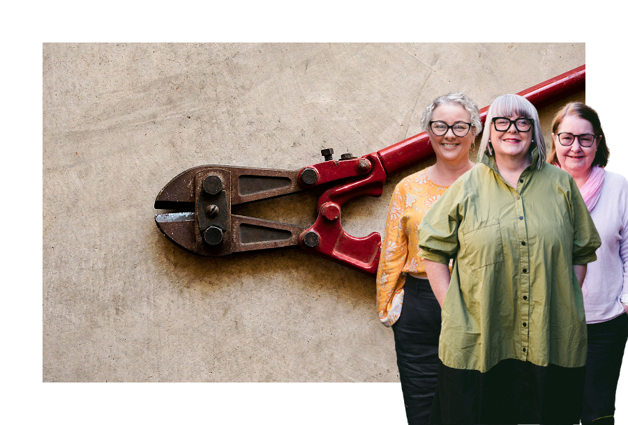 Pictured: Anthea Taylor, Amy Osborne and Christine Friel standing smiling in front of an image of bolt cutters.