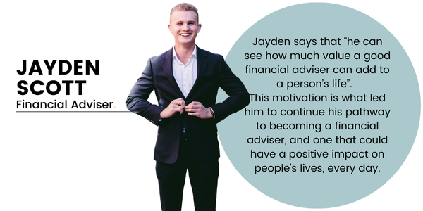 Pictured Jayden Scott, with the words "Jayden Scott, Client Services Officer" standing against a teal coloured circle with a little insight into Jayden.