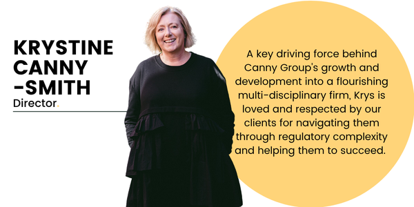Canny Group Director, Krystine Canny-Smith standing in the centre of the picture wearing a black dress with her hands in her pockets.