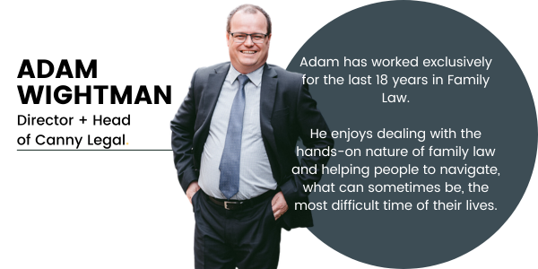 Pictured, Adam Wightman standing with his hands in his pockets and a big smile on his face. Adam's position in our team "Director + Head of Canny Legal" as well, a dark blue circle with a little bit of information about Adam.